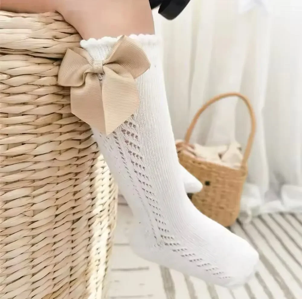 knee High Socks Cream Light Brown Ribbon Size Small (up to 2yr)